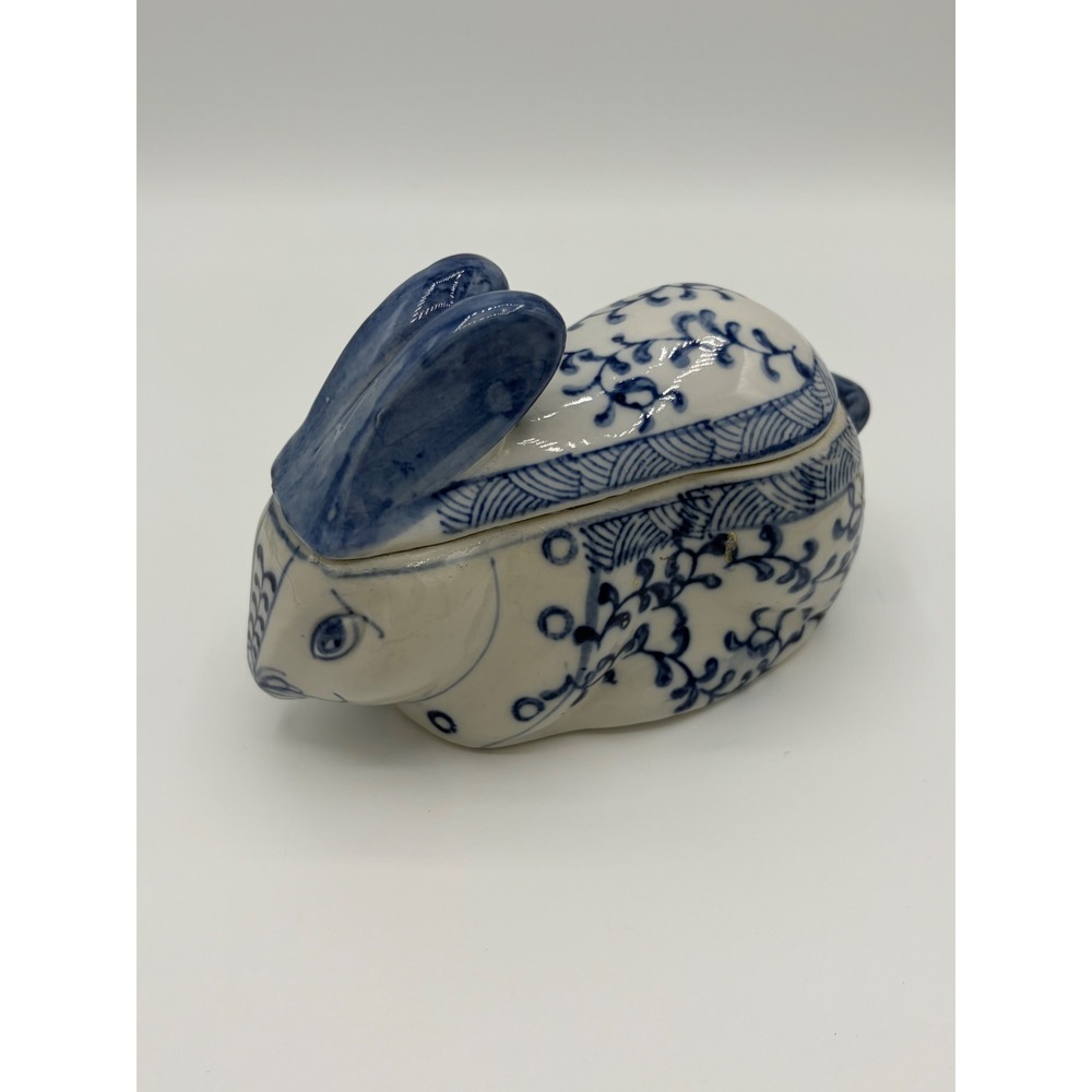 Vintage Blue and White Porcelain Rabbit Trinket Box Floral Ceramic Bunny Dish
